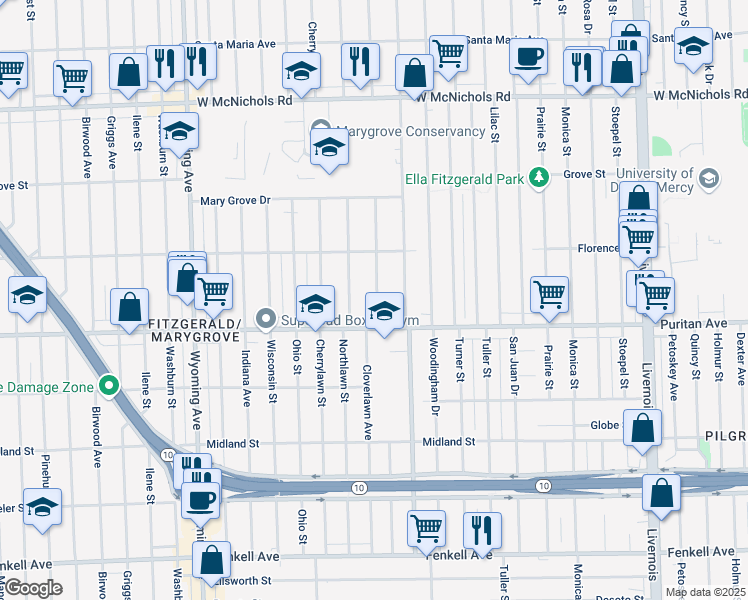 map of restaurants, bars, coffee shops, grocery stores, and more near 16177 Roselawn Street in Detroit