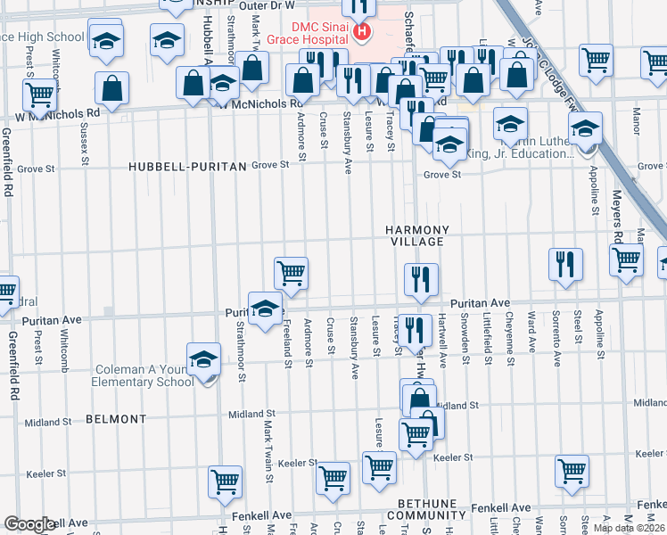 map of restaurants, bars, coffee shops, grocery stores, and more near 16221 Cruse Street in Detroit