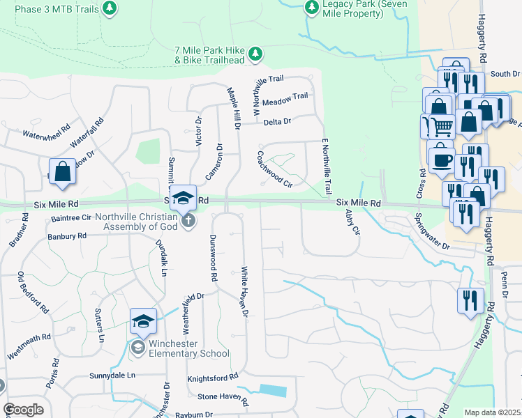 map of restaurants, bars, coffee shops, grocery stores, and more near 17066 Country Knoll Drive in Northville