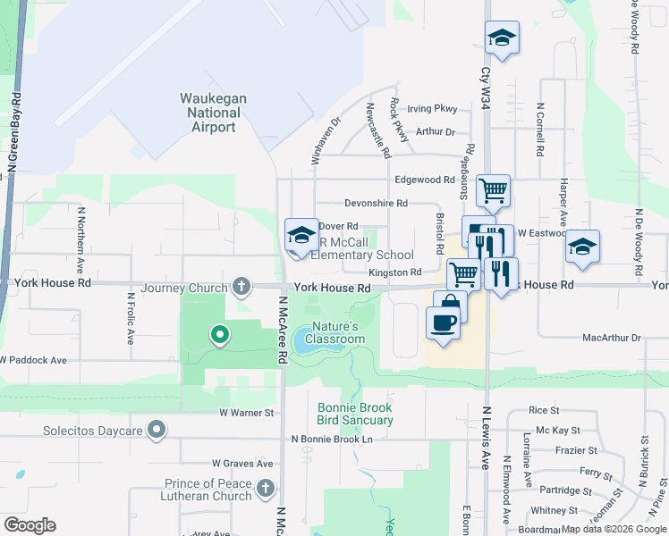 map of restaurants, bars, coffee shops, grocery stores, and more near 3218 Twyford Road in Waukegan