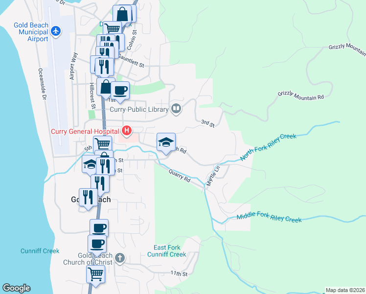 map of restaurants, bars, coffee shops, grocery stores, and more near 94324 Coldiron Hill Road in Gold Beach