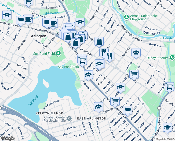 map of restaurants, bars, coffee shops, grocery stores, and more near 339 Massachusetts Avenue in Arlington