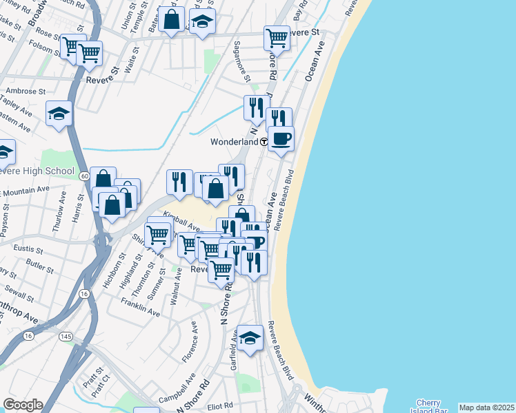 map of restaurants, bars, coffee shops, grocery stores, and more near 376 Ocean Avenue in Revere