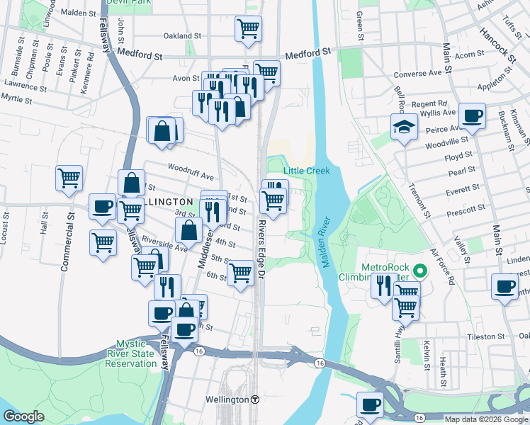 map of restaurants, bars, coffee shops, grocery stores, and more near Rivers Edge Dr in Medford