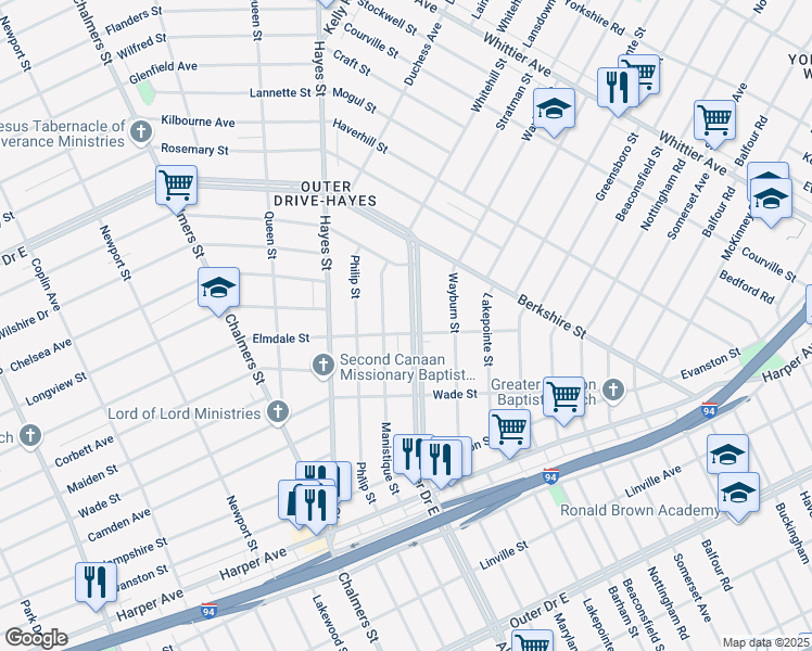 map of restaurants, bars, coffee shops, grocery stores, and more near 9738 Manistique Street in Detroit