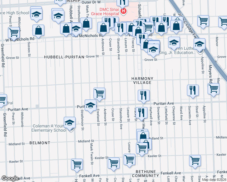 map of restaurants, bars, coffee shops, grocery stores, and more near 16221 Cruse Street in Detroit