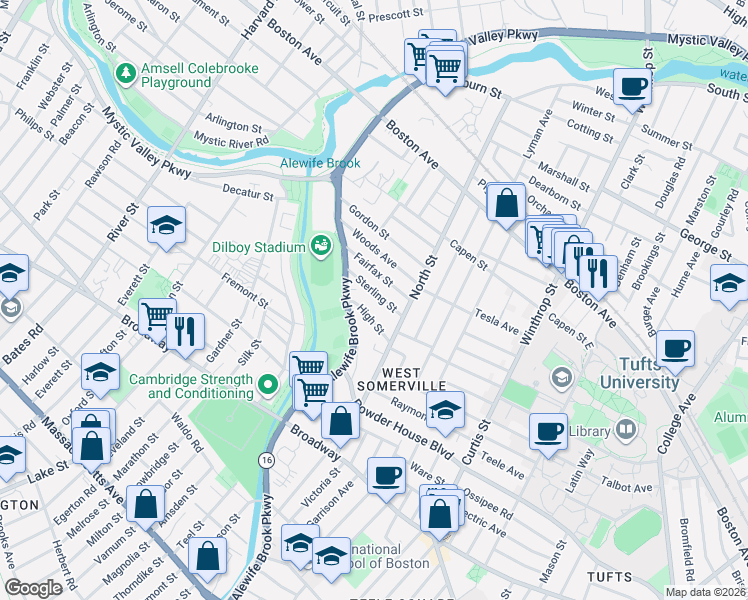 map of restaurants, bars, coffee shops, grocery stores, and more near 44 Sterling Street in Somerville