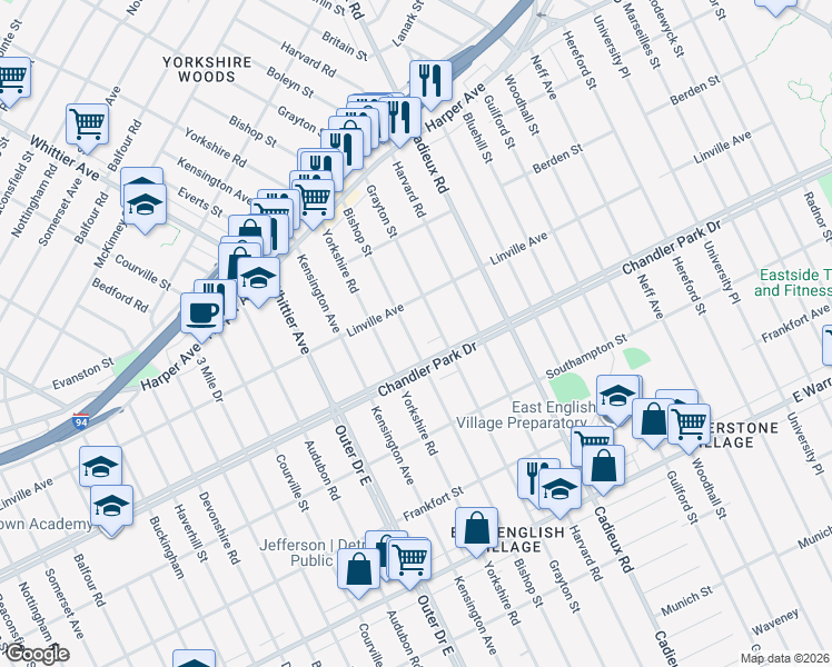 map of restaurants, bars, coffee shops, grocery stores, and more near 5767 Grayton Street in Detroit