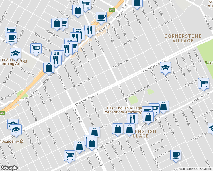 map of restaurants, bars, coffee shops, grocery stores, and more near 16933 Chandler Park Drive in Detroit