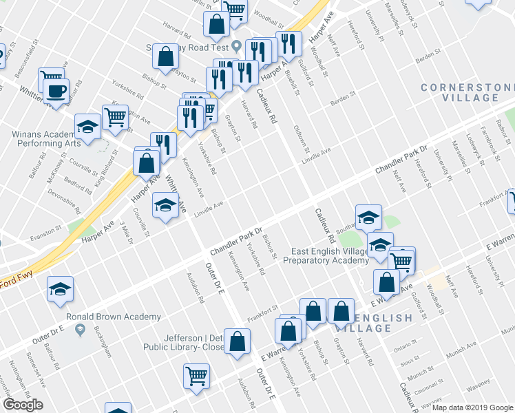map of restaurants, bars, coffee shops, grocery stores, and more near 5752 Bishop Street in Detroit