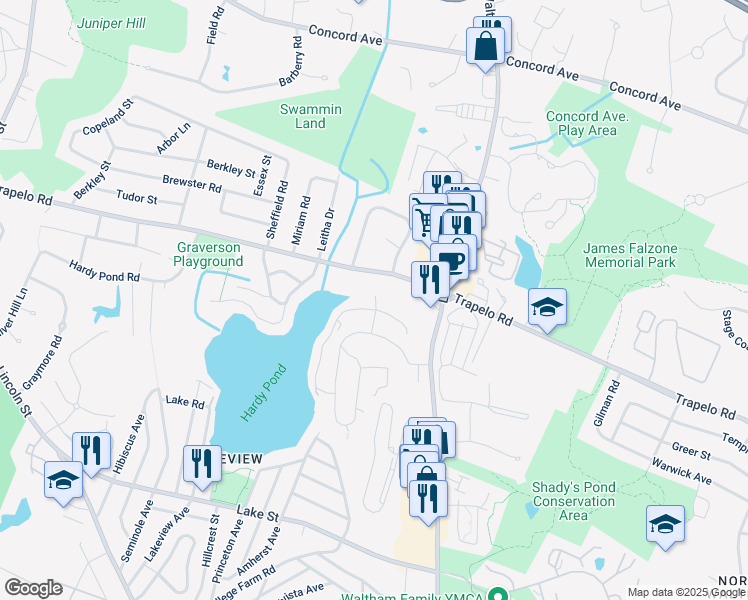 map of restaurants, bars, coffee shops, grocery stores, and more near 2704 Stearns Hill Road in Waltham