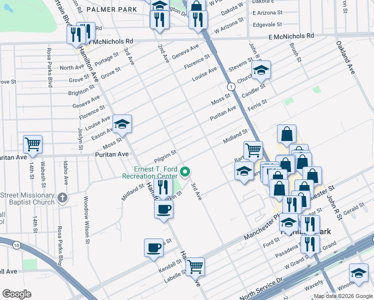 map of restaurants, bars, coffee shops, grocery stores, and more near 160 Pilgrim Street in Highland Park