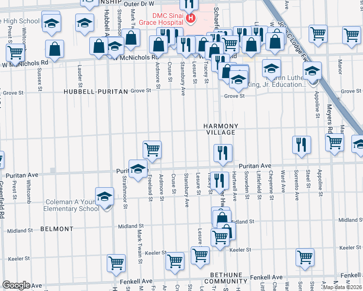 map of restaurants, bars, coffee shops, grocery stores, and more near 16220 Stansbury Avenue in Detroit
