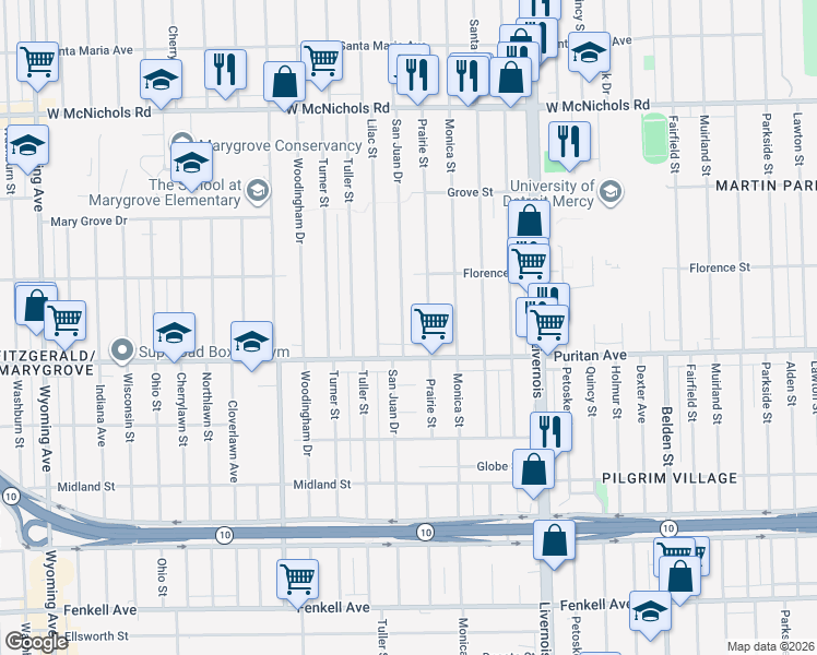 map of restaurants, bars, coffee shops, grocery stores, and more near 16177 Prairie Street in Detroit