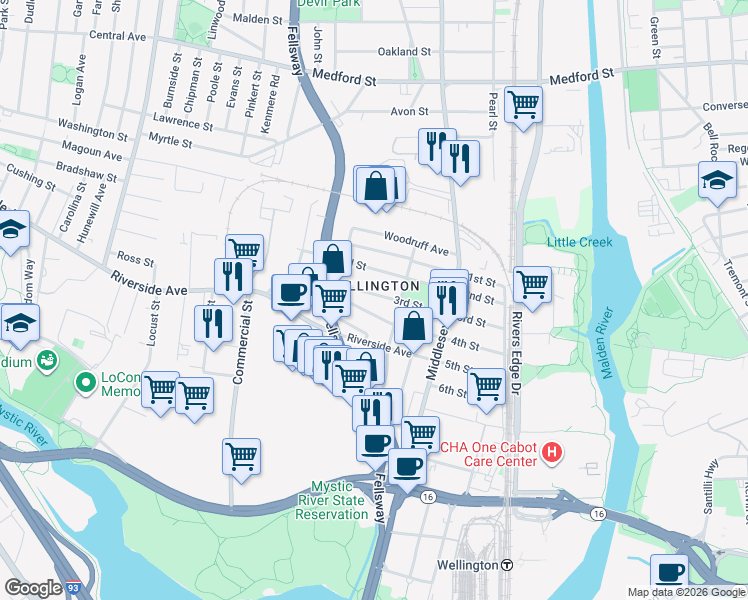 map of restaurants, bars, coffee shops, grocery stores, and more near in Medford
