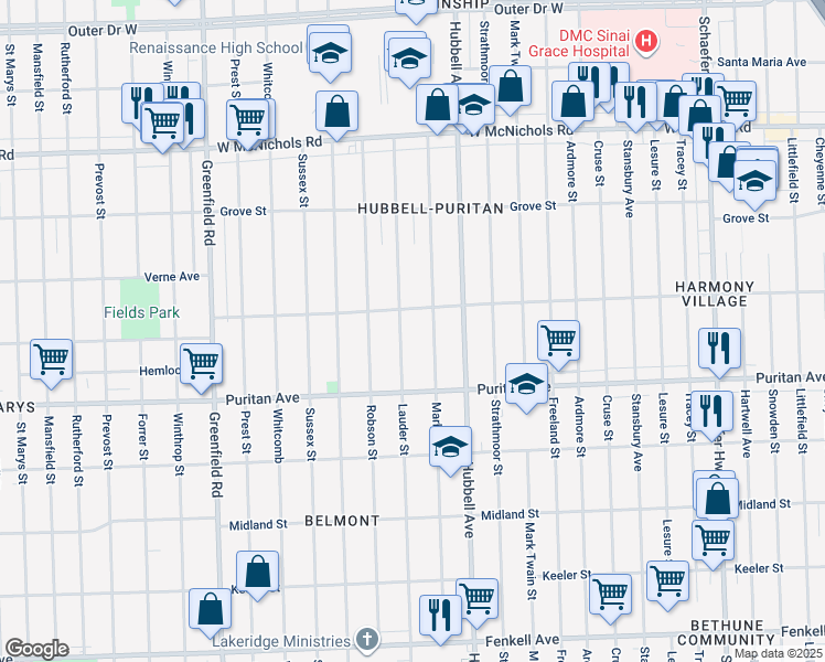map of restaurants, bars, coffee shops, grocery stores, and more near 16220 Lauder Street in Detroit