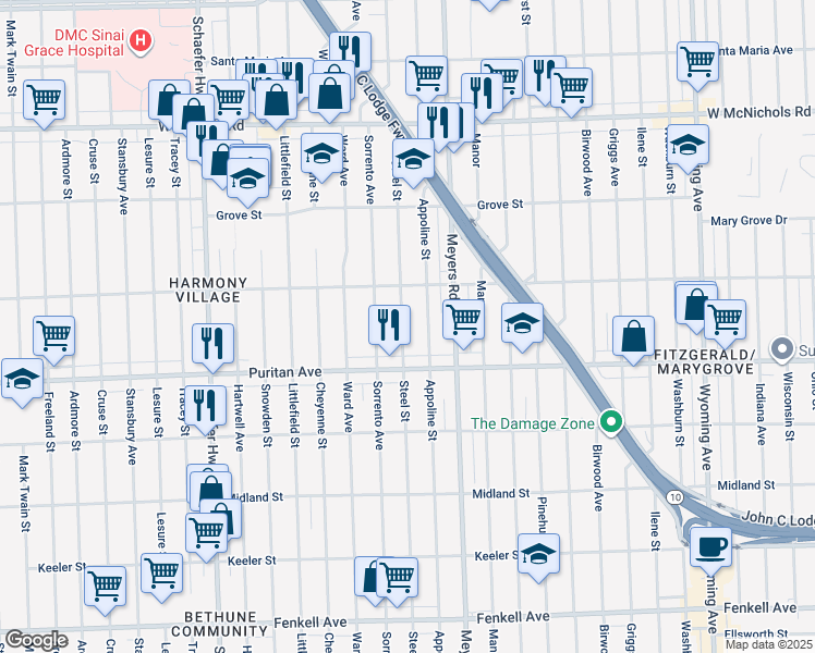 map of restaurants, bars, coffee shops, grocery stores, and more near 16180 Steel Street in Detroit