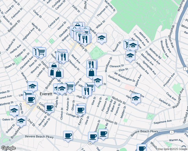 map of restaurants, bars, coffee shops, grocery stores, and more near 206 Ferry Street in Everett