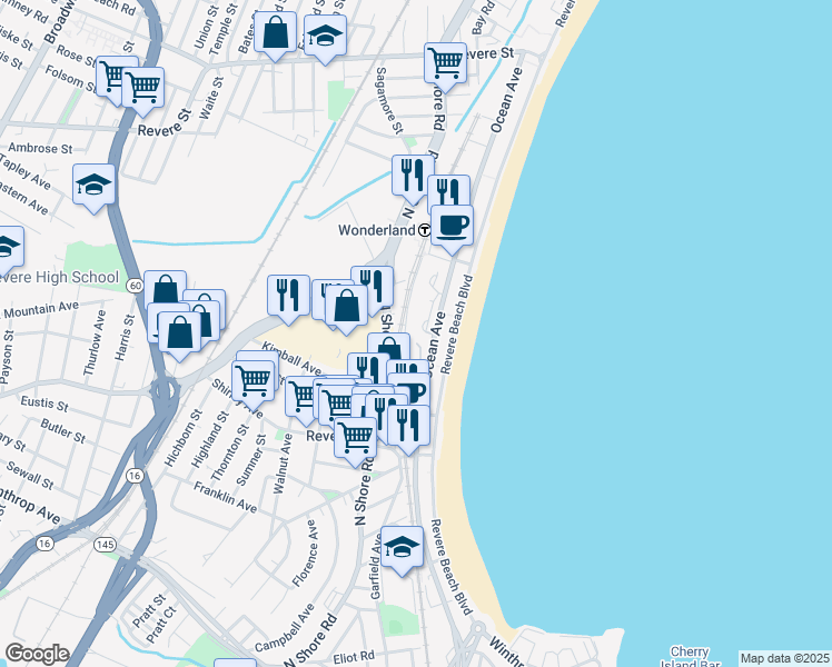 map of restaurants, bars, coffee shops, grocery stores, and more near 376 Ocean Avenue in Revere
