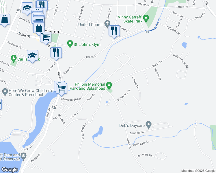 map of restaurants, bars, coffee shops, grocery stores, and more near 38 Chace Street in Clinton