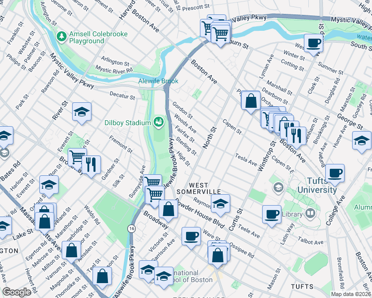 map of restaurants, bars, coffee shops, grocery stores, and more near 44 Sterling Street in Somerville