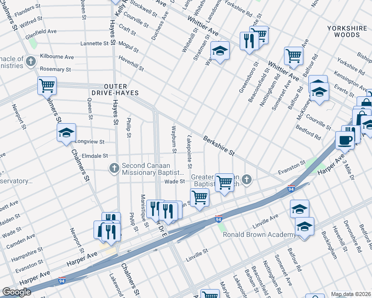 map of restaurants, bars, coffee shops, grocery stores, and more near 9709 Lakepointe Street in Detroit