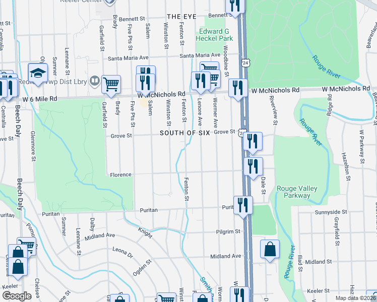 map of restaurants, bars, coffee shops, grocery stores, and more near 16610 Fenton Street in Detroit