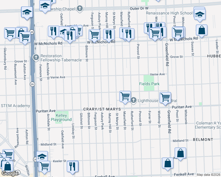 map of restaurants, bars, coffee shops, grocery stores, and more near 16551 Murray Hill Street in Detroit
