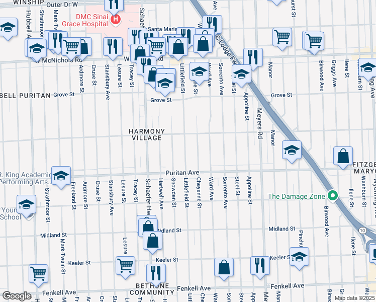 map of restaurants, bars, coffee shops, grocery stores, and more near 16190 Littlefield Street in Detroit