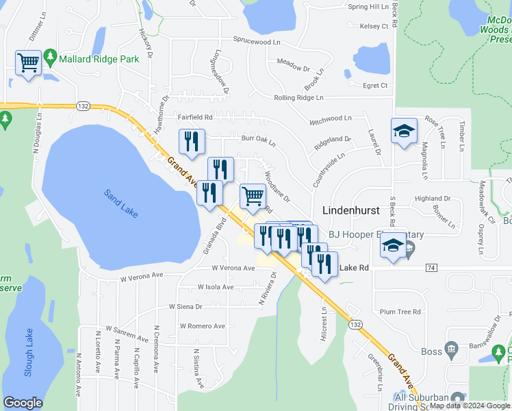 map of restaurants, bars, coffee shops, grocery stores, and more near 2007 Old Elm Road in Lindenhurst