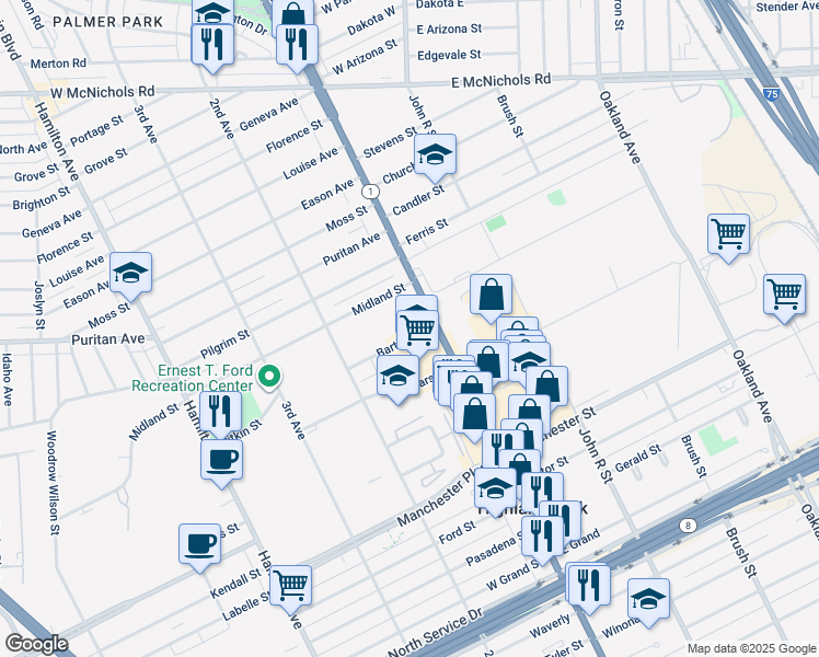 map of restaurants, bars, coffee shops, grocery stores, and more near 22 Bartlett Street in Highland Park