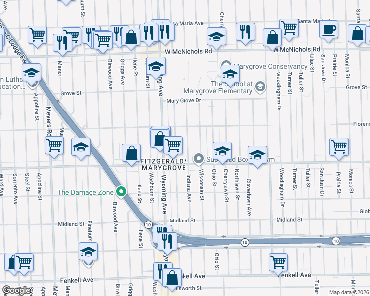 map of restaurants, bars, coffee shops, grocery stores, and more near 16171 Indiana Street in Detroit