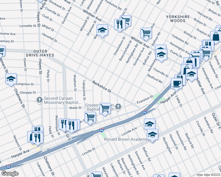 map of restaurants, bars, coffee shops, grocery stores, and more near 9819 Nottingham Road in Detroit
