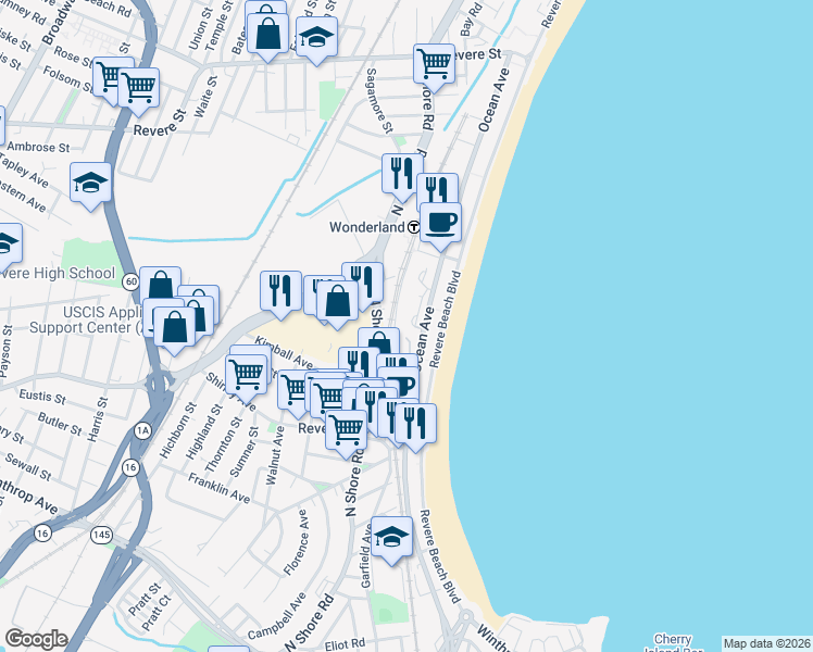 map of restaurants, bars, coffee shops, grocery stores, and more near 376 Ocean Avenue in Revere