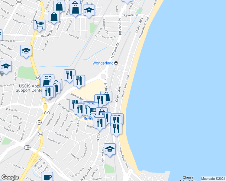 map of restaurants, bars, coffee shops, grocery stores, and more near 376 Ocean Avenue in Revere
