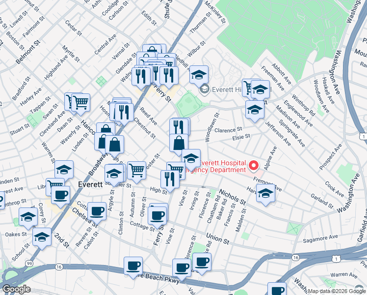 map of restaurants, bars, coffee shops, grocery stores, and more near 206 Ferry Street in Everett