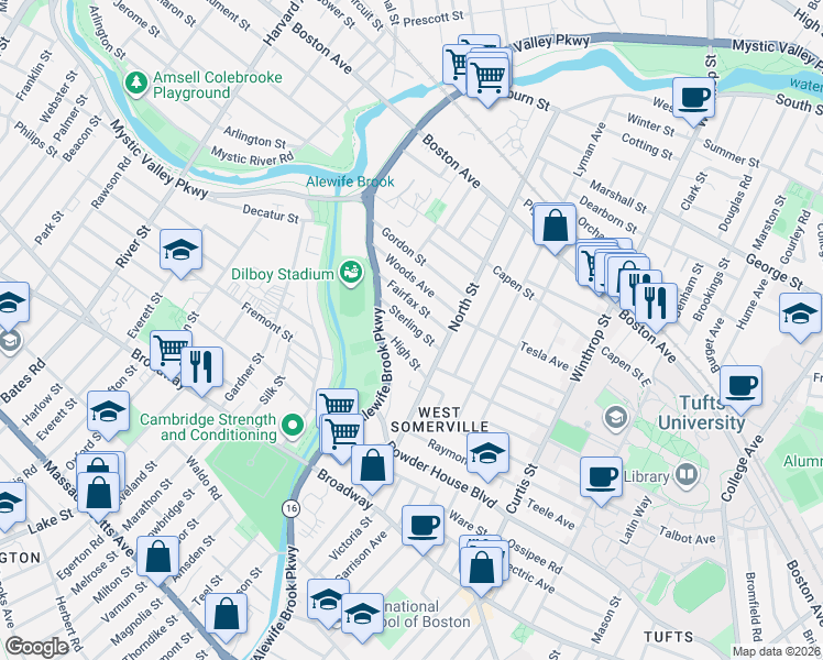 map of restaurants, bars, coffee shops, grocery stores, and more near 44 Sterling Street in Somerville