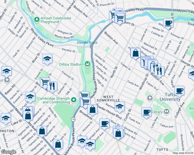 map of restaurants, bars, coffee shops, grocery stores, and more near 44 Sterling Street in Somerville