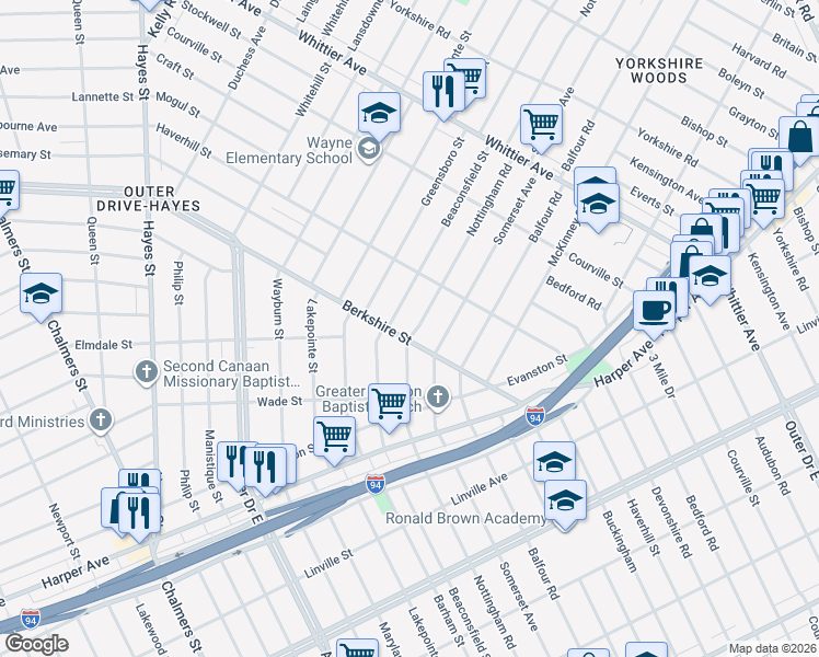 map of restaurants, bars, coffee shops, grocery stores, and more near 9819 Nottingham Road in Detroit