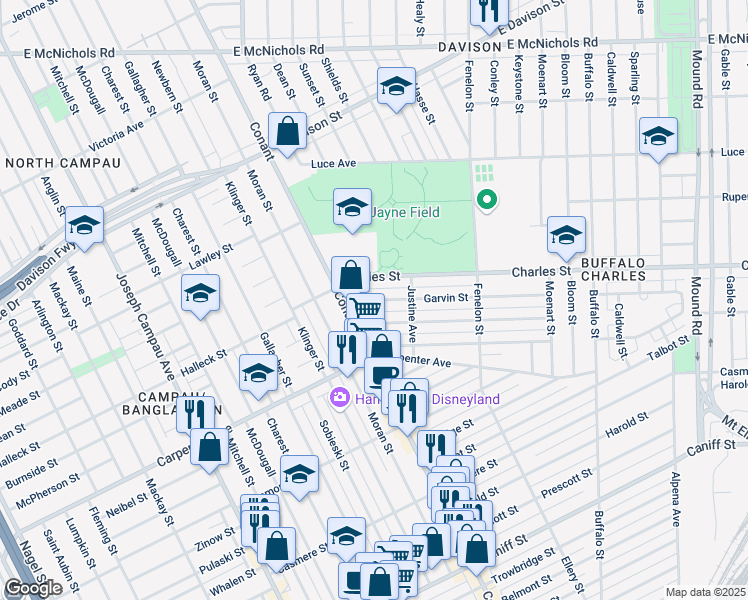 map of restaurants, bars, coffee shops, grocery stores, and more near 3883 Garvin Street in Hamtramck