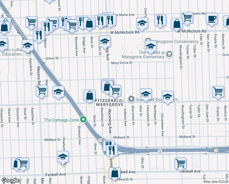 map of restaurants, bars, coffee shops, grocery stores, and more near 16192 Wyoming Avenue in Detroit