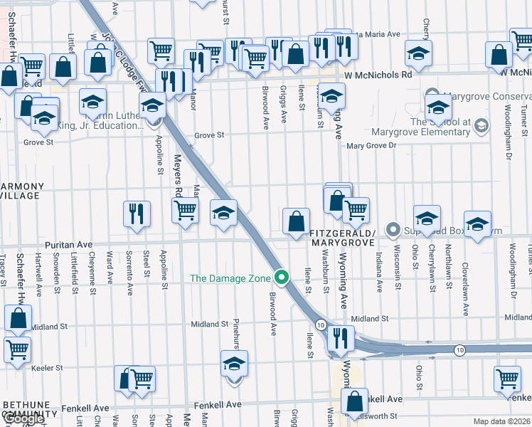 map of restaurants, bars, coffee shops, grocery stores, and more near 16191 Birwood Street in Detroit