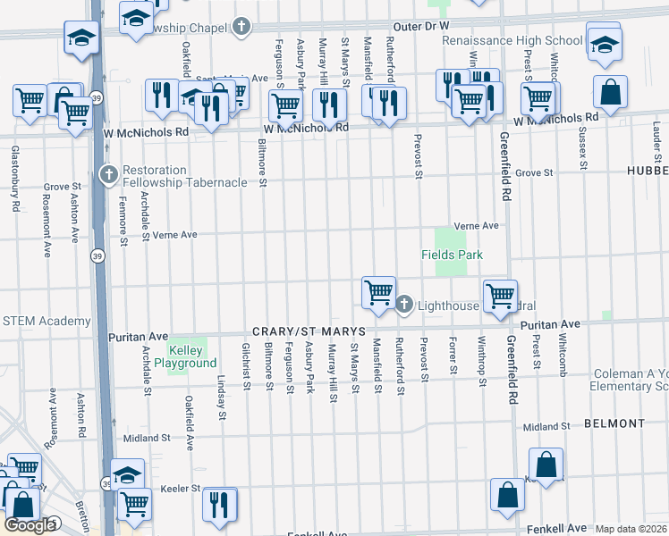 map of restaurants, bars, coffee shops, grocery stores, and more near 16551 Murray Hill Street in Detroit