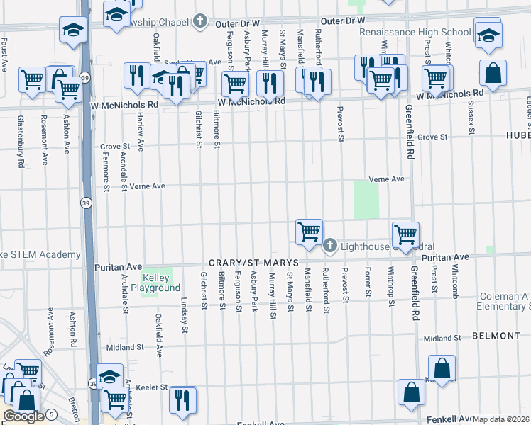map of restaurants, bars, coffee shops, grocery stores, and more near 16551 Murray Hill Street in Detroit