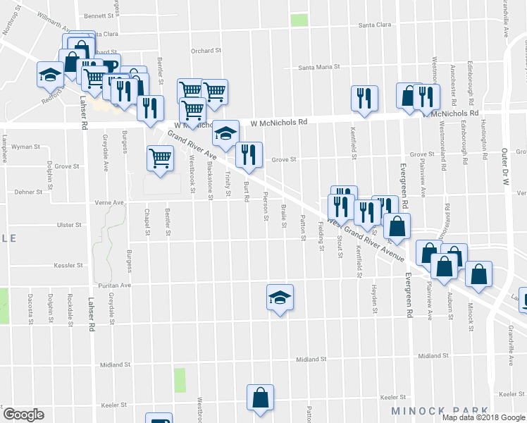 map of restaurants, bars, coffee shops, grocery stores, and more near 16595 Pierson Street in Detroit