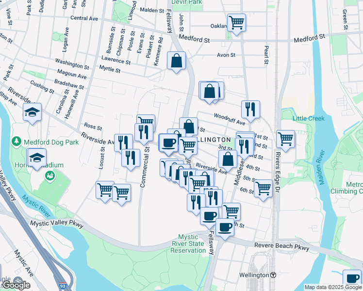 map of restaurants, bars, coffee shops, grocery stores, and more near 802 Fellsway in Medford