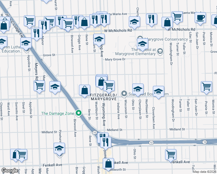 map of restaurants, bars, coffee shops, grocery stores, and more near 16192 Wyoming Avenue in Detroit