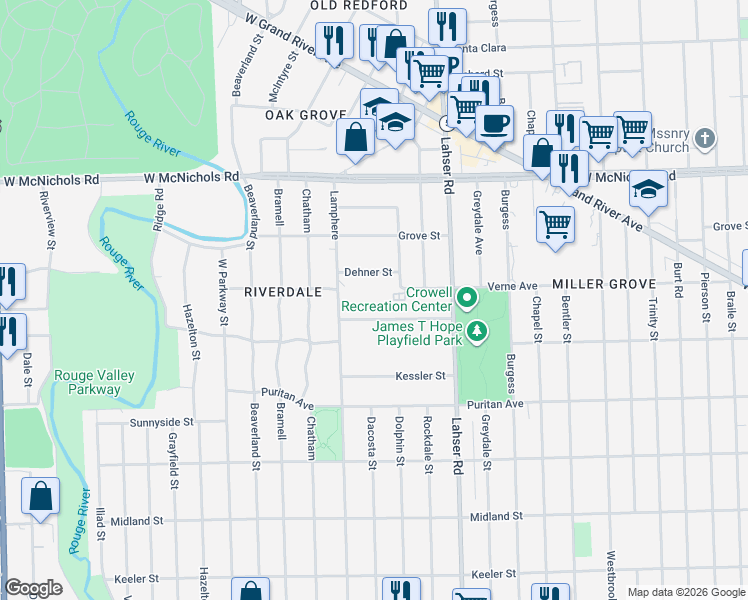 map of restaurants, bars, coffee shops, grocery stores, and more near 22253 Dehner Street in Detroit