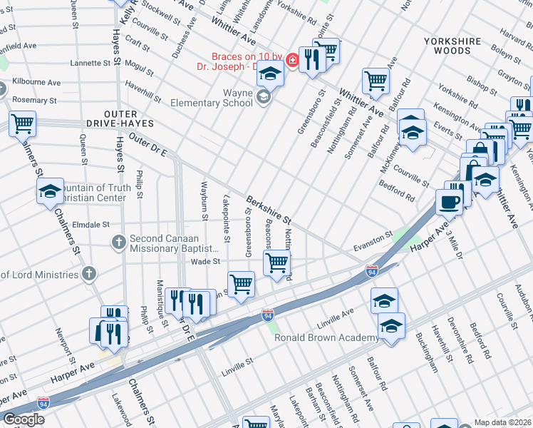 map of restaurants, bars, coffee shops, grocery stores, and more near 9917 Berkshire Street in Detroit