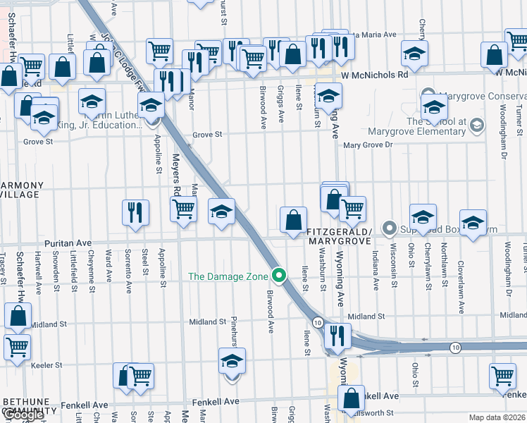 map of restaurants, bars, coffee shops, grocery stores, and more near 16191 Birwood Street in Detroit